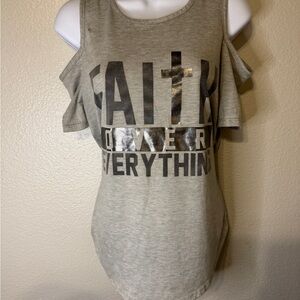 Miss Popular “Faith Over Everything” Cold Shoulder Top Gray M